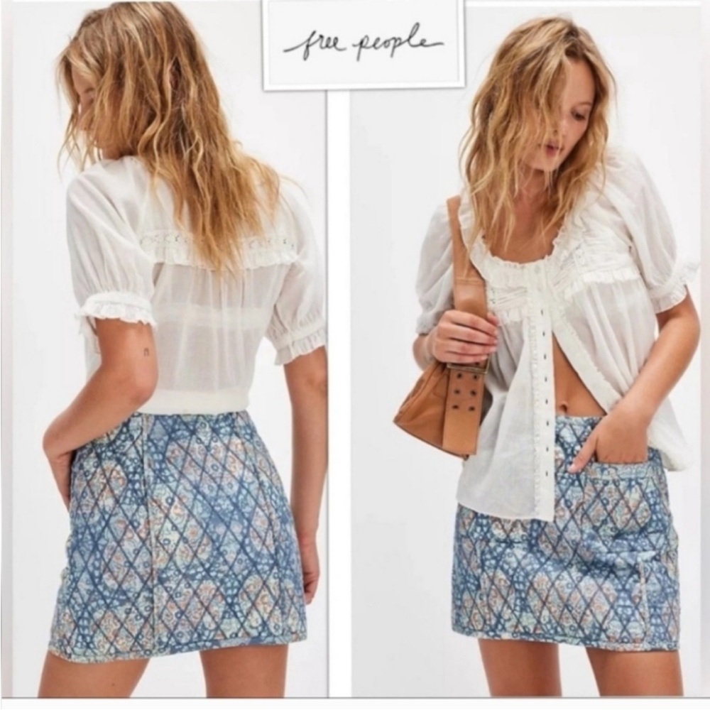 Free People Darla Quilted Mini Skirt Blue Print Size 2 NWT